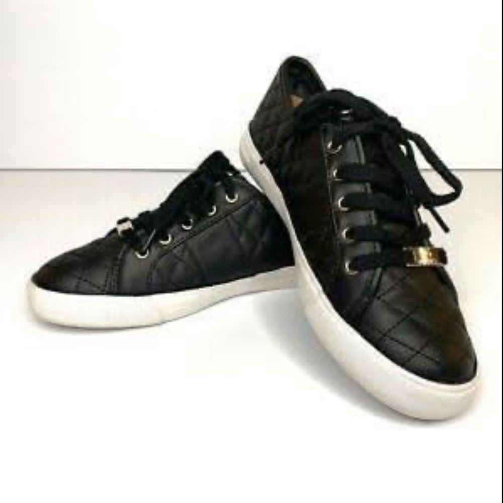 G By Guess Women Sneakers Black Gold Logo Backer Lace Up Faux Leather Size 10